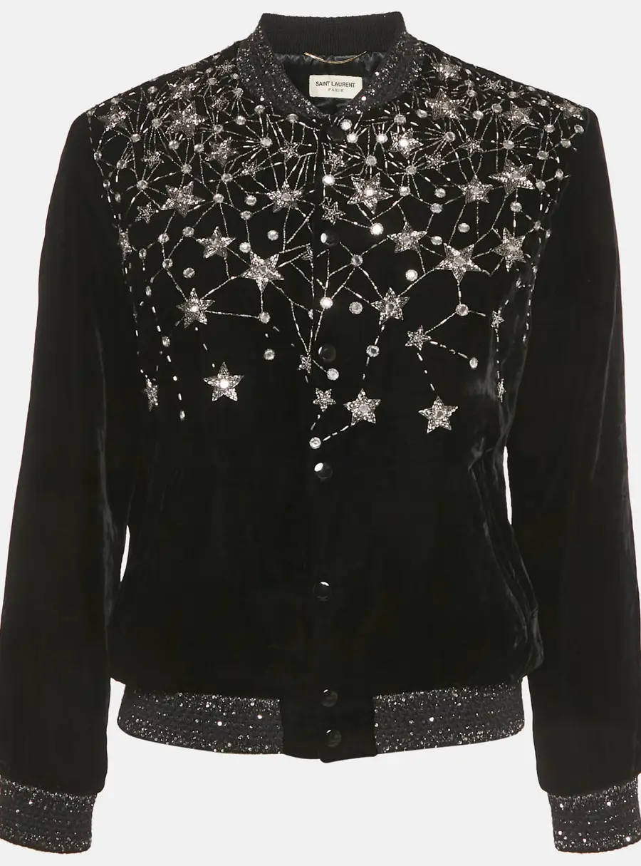 Saint Laurent Paris Black Embellished Velvet Bomber Jacket S