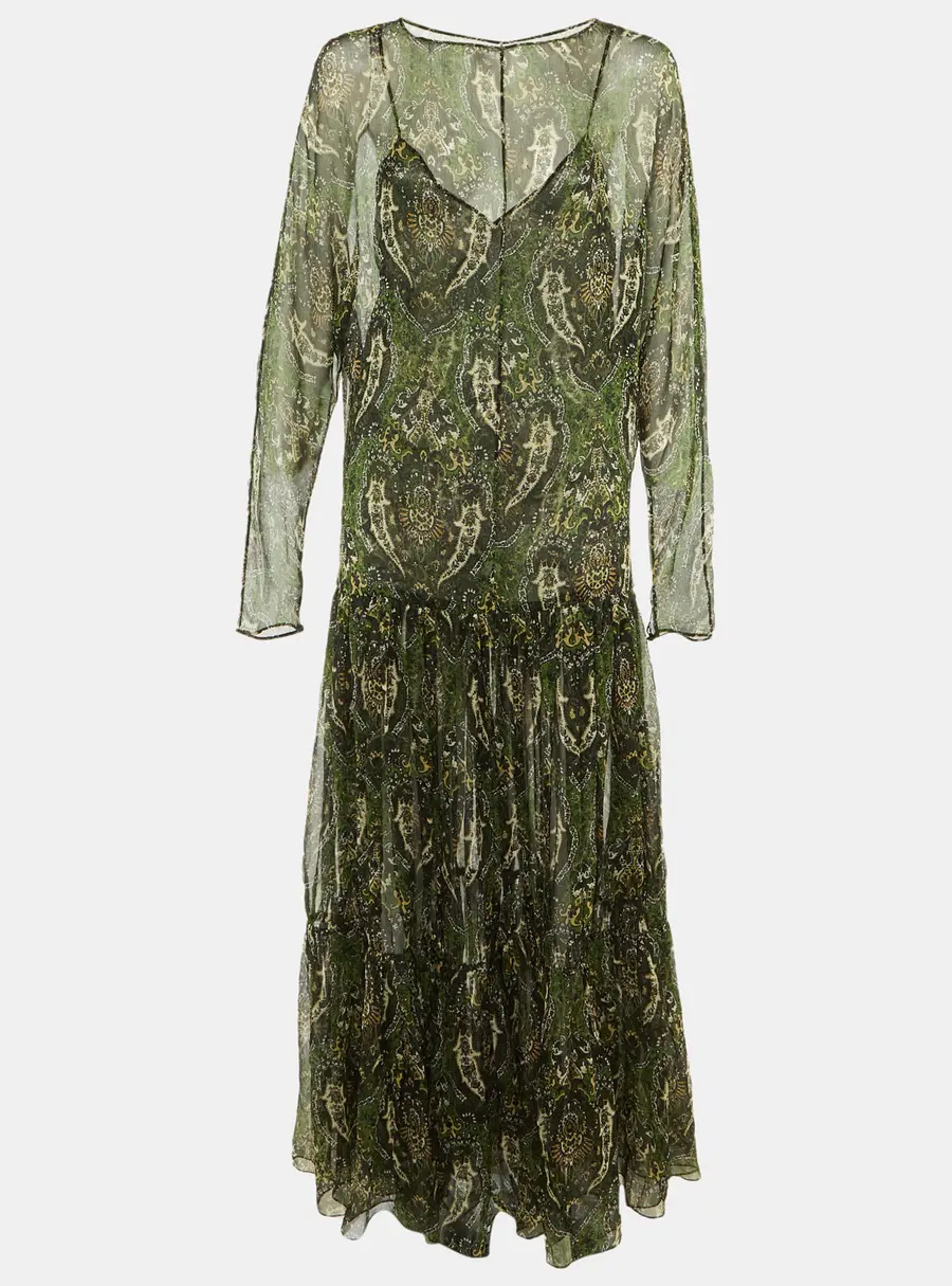 Saint Laurent Paris Green Paisley Print Silk Sheer Maxi Dress M