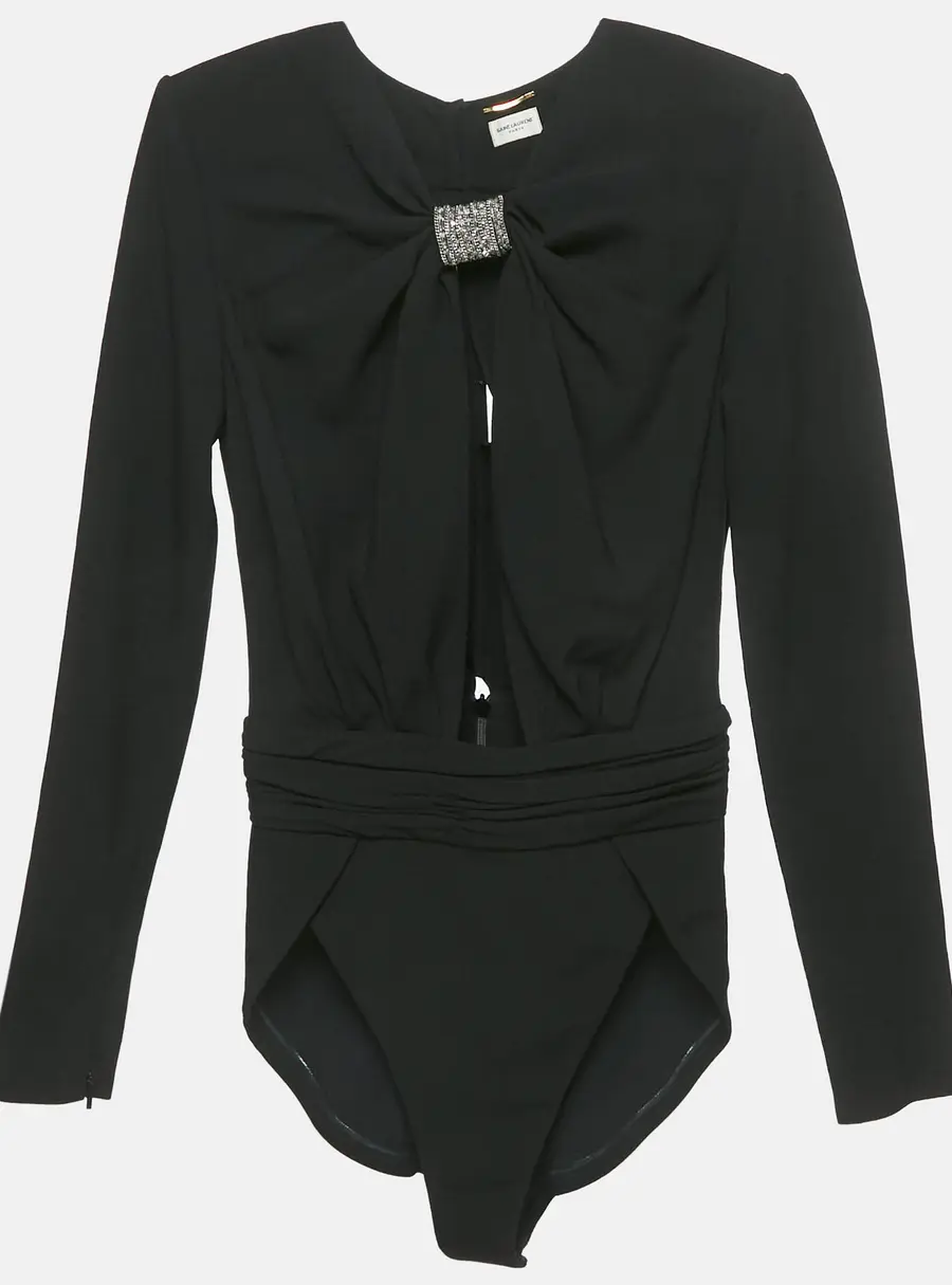Saint Laurent Paris Black Embellished Detail Crepe Bodysuit S