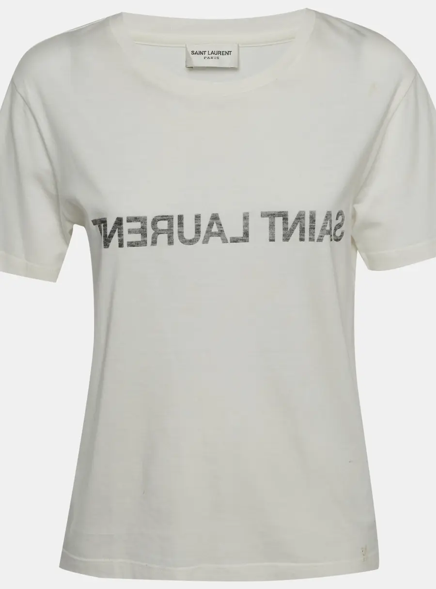 Saint Laurent White Cotton Inverted Logo Printed Cotton Knit T-Shirt M