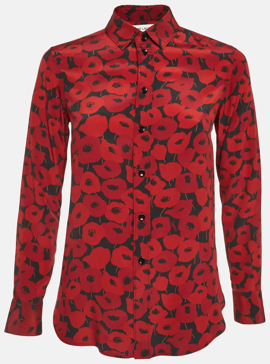 Saint Laurent Red Floral Print Silk Long Sleeve Shirt S