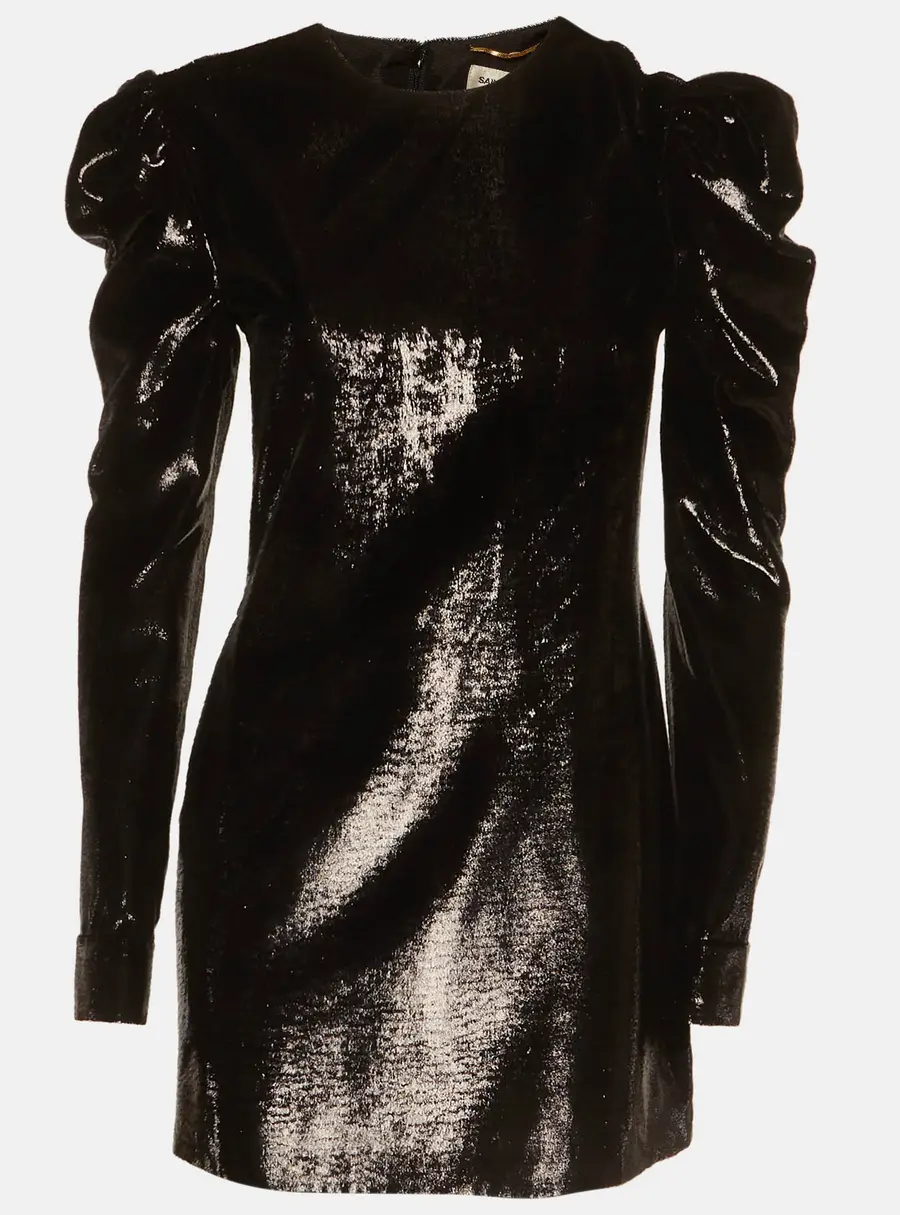 Saint Laurent Paris Black Lamé Velvet Puff Sleeve Mini Dress S