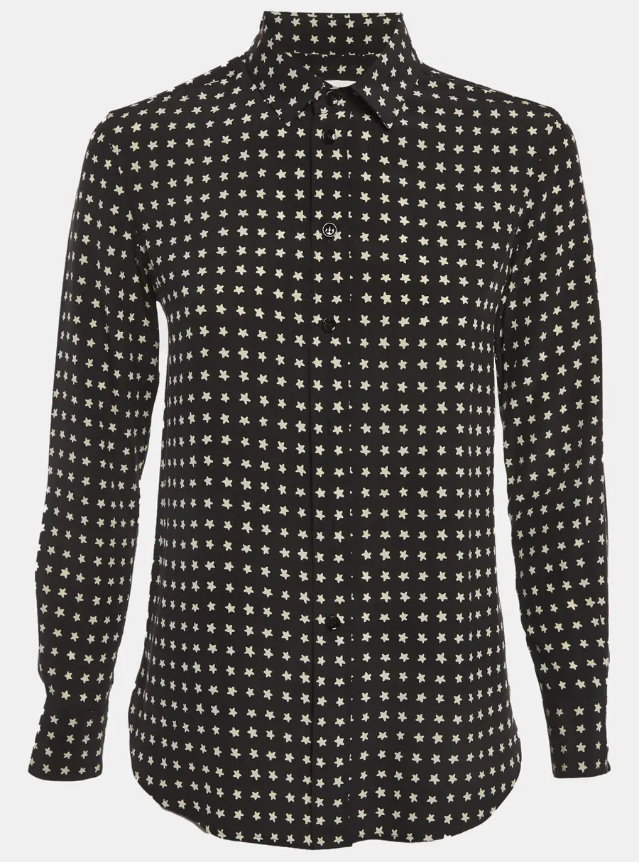 Saint Laurent Paris Monochrome Star Print Crepe Long Sleeve Shirt S