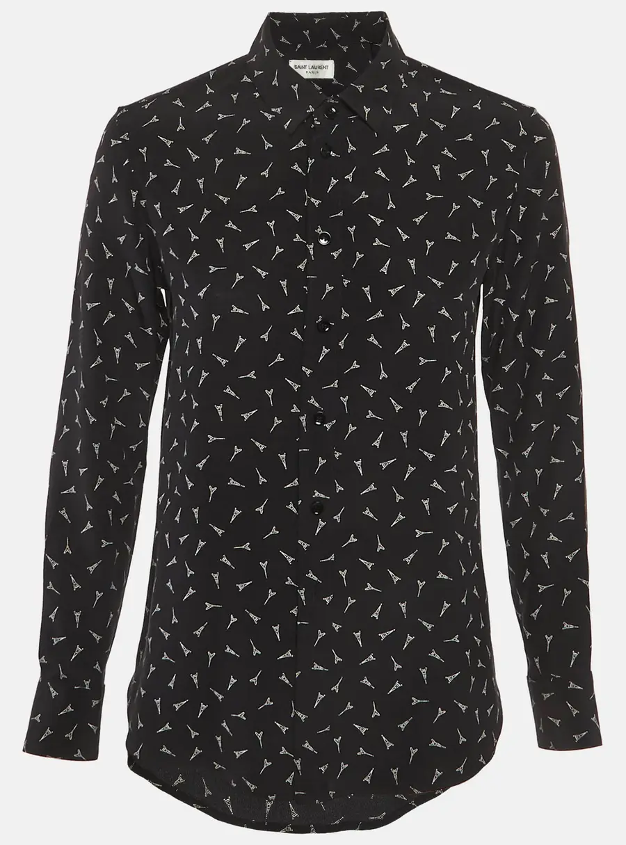 Saint Laurent Paris Black Eiffel Tower Print Silk Shirt S