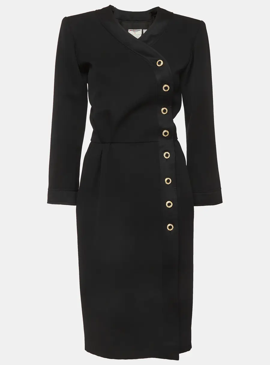 Saint Laurent Paris Vintage Black Tweed Wrap Midi Dress L