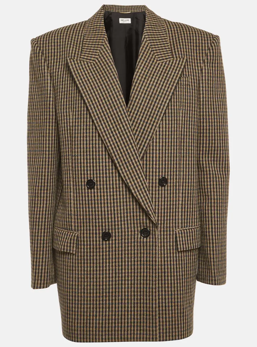 Saint Laurent Paris Brown Houndstooth Double Breasted Blazer M