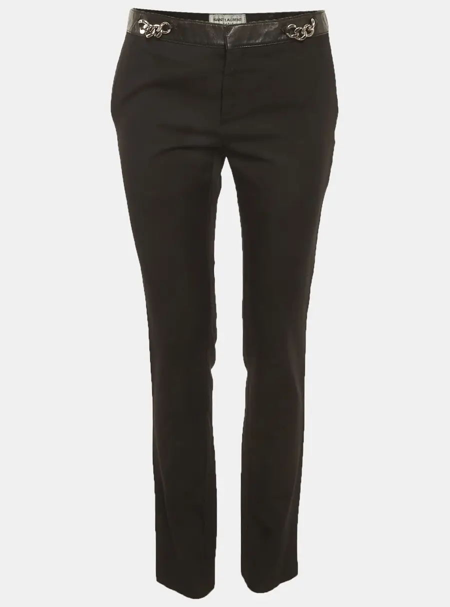 Saint Laurent Paris Black Leather Trim Wool Trousers M
