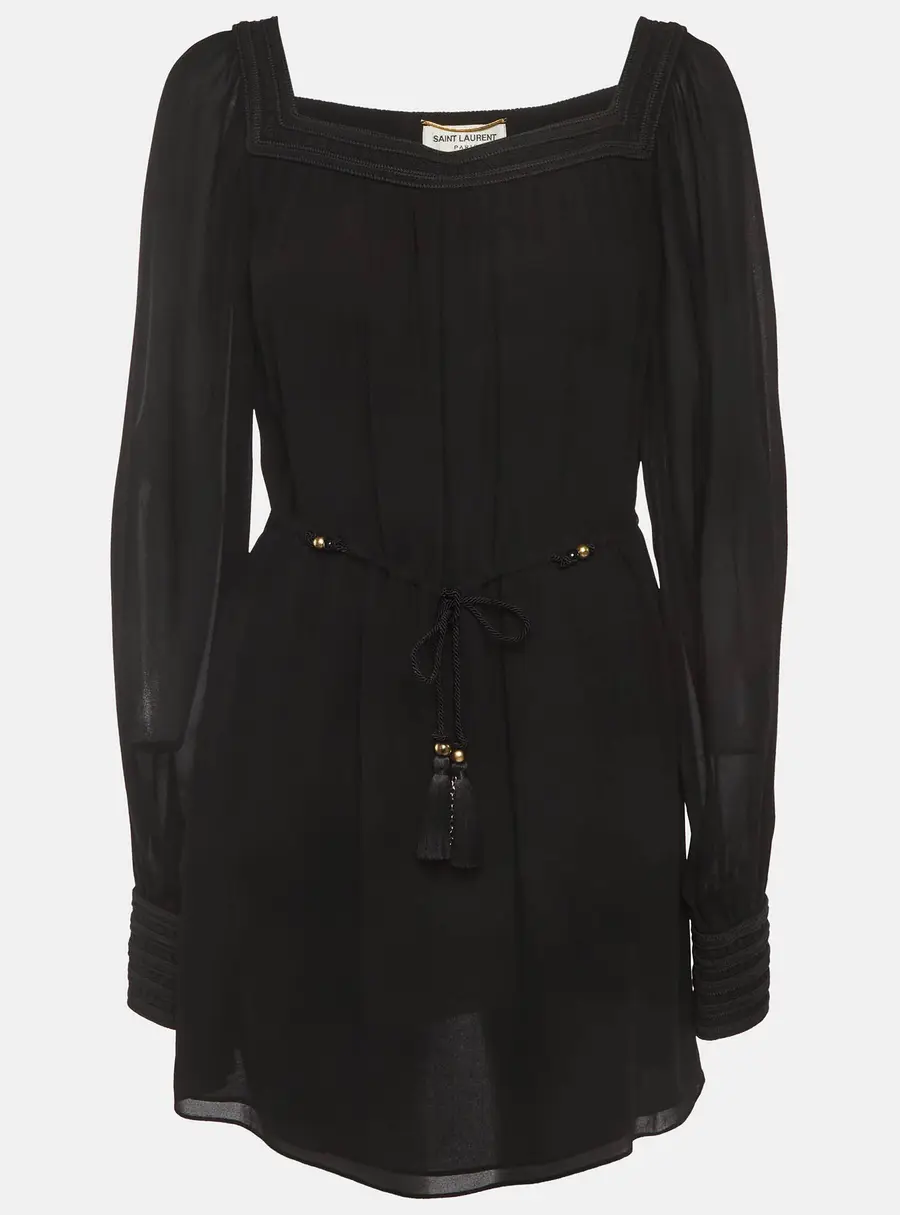 Saint Laurent Paris Black Silk Crepe Square Neck Mini Dress L