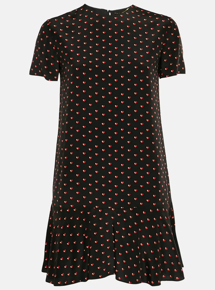 Saint Laurent Black Heart Printed Silk Ruffled Hem Mini Dress S