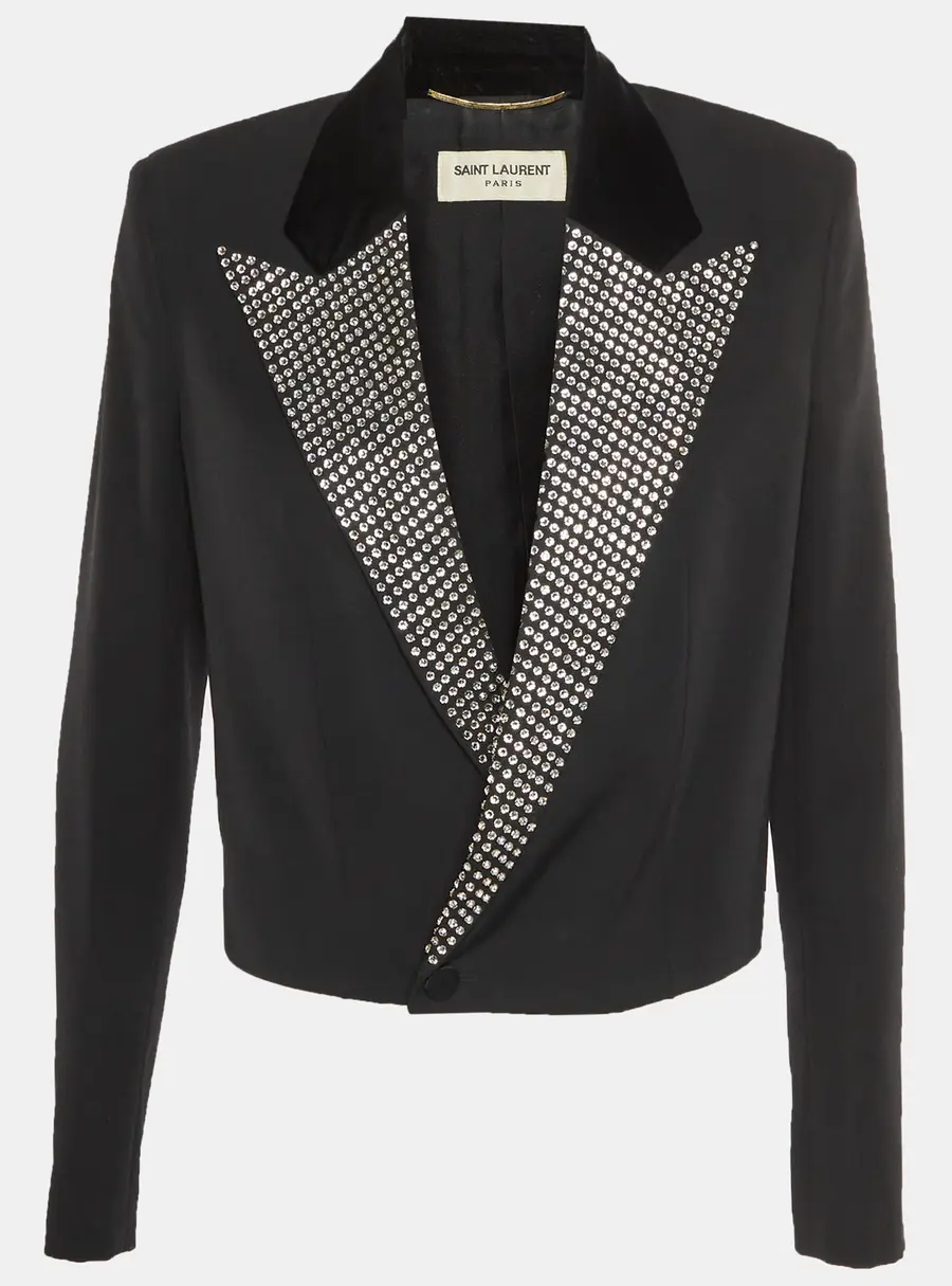 Saint Laurent Paris Black Virgin Wool Embellished Crop Jacket L
