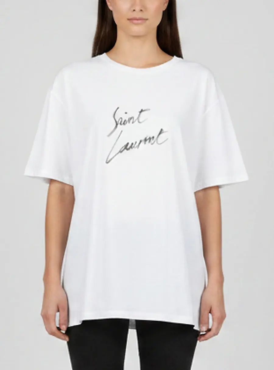 Saint Laurent Off White Logo Print Jersey Crewneck T-Shirt M
