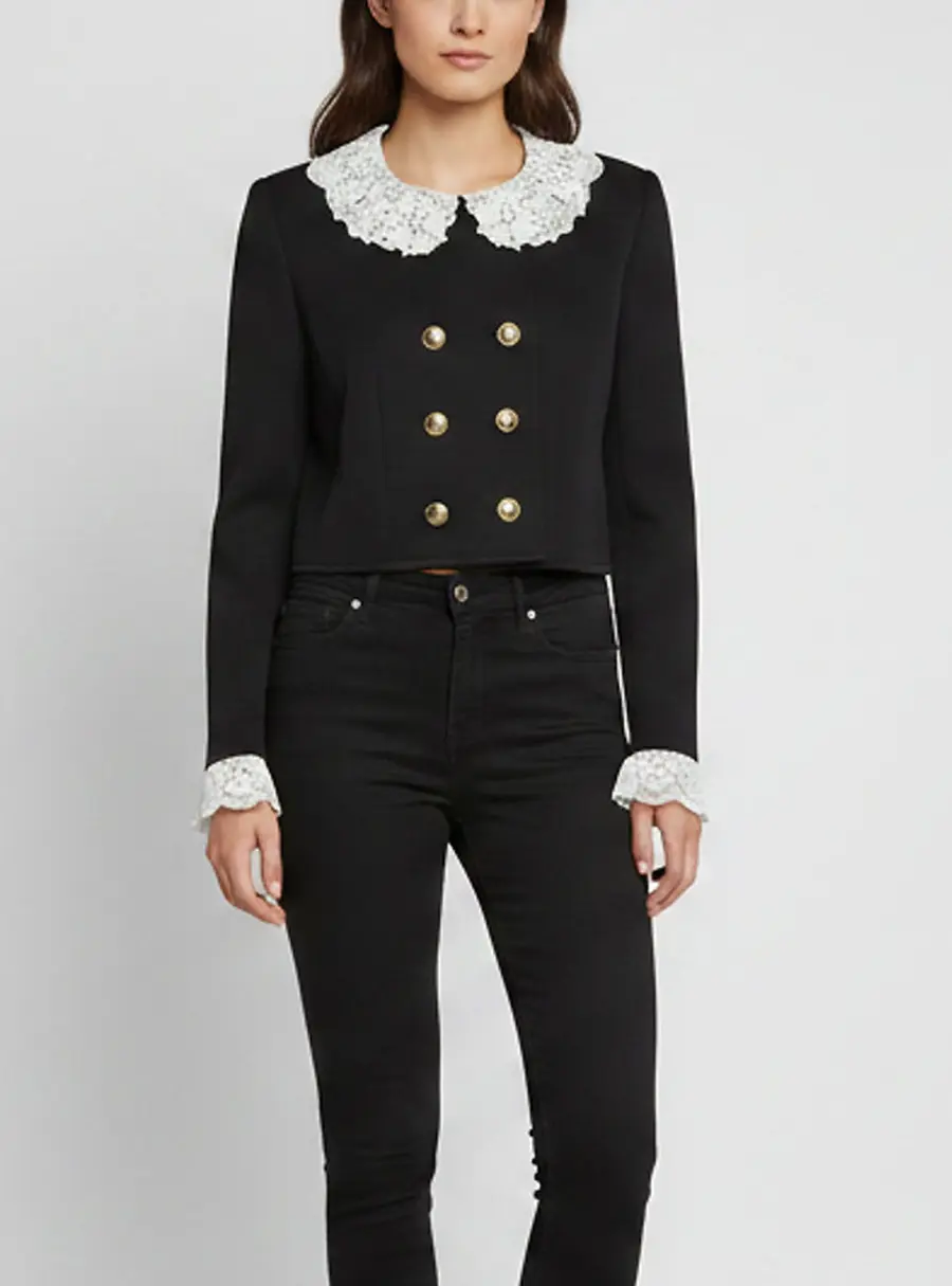 Saint Laurent Paris Black Wool and Lace Trim Cropped Jacket M