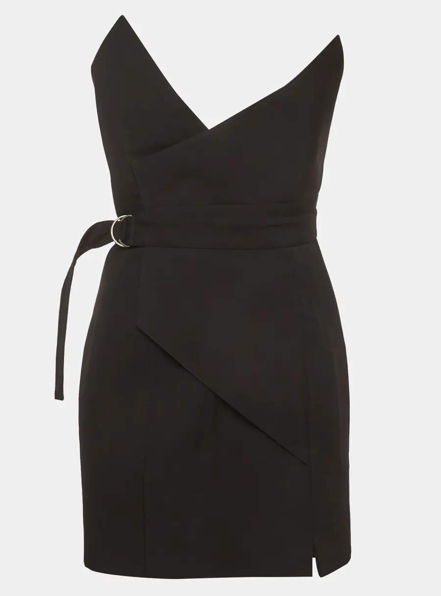 Saint Laurent Paris Black Wool Strapless Belted Mini Dress M