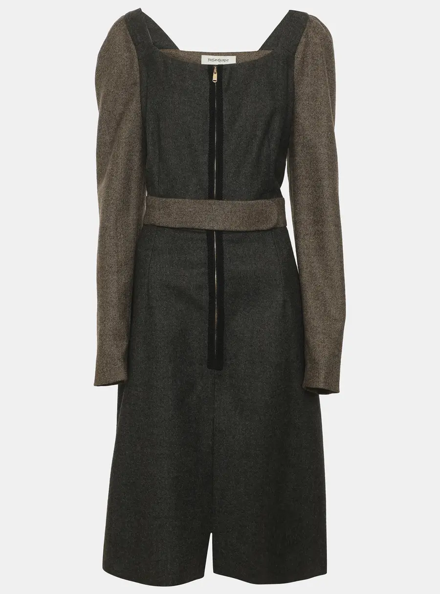 Saint Laurent Grey/Brown Wool Blend Knee Length Dress M