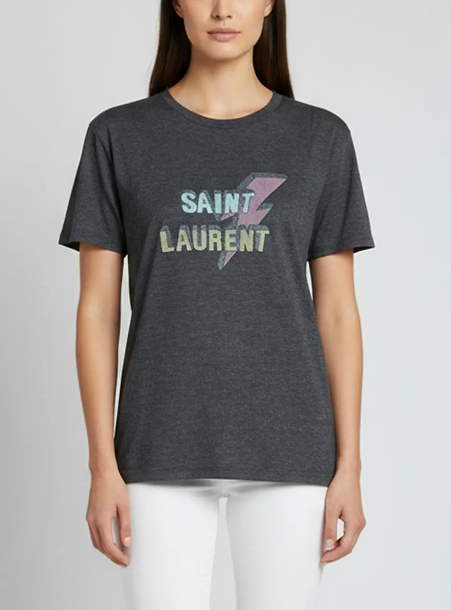 Saint Laurent Grey Lightning Bolt Logo Print Jersey Boyfriend T-Shirt XS
