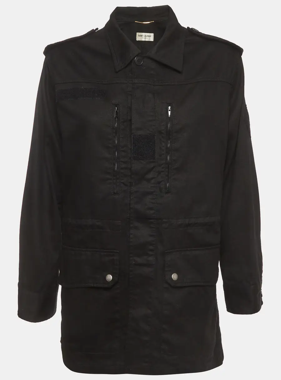 Saint Laurent Black Logo Patch Gabardine Military Jacket M