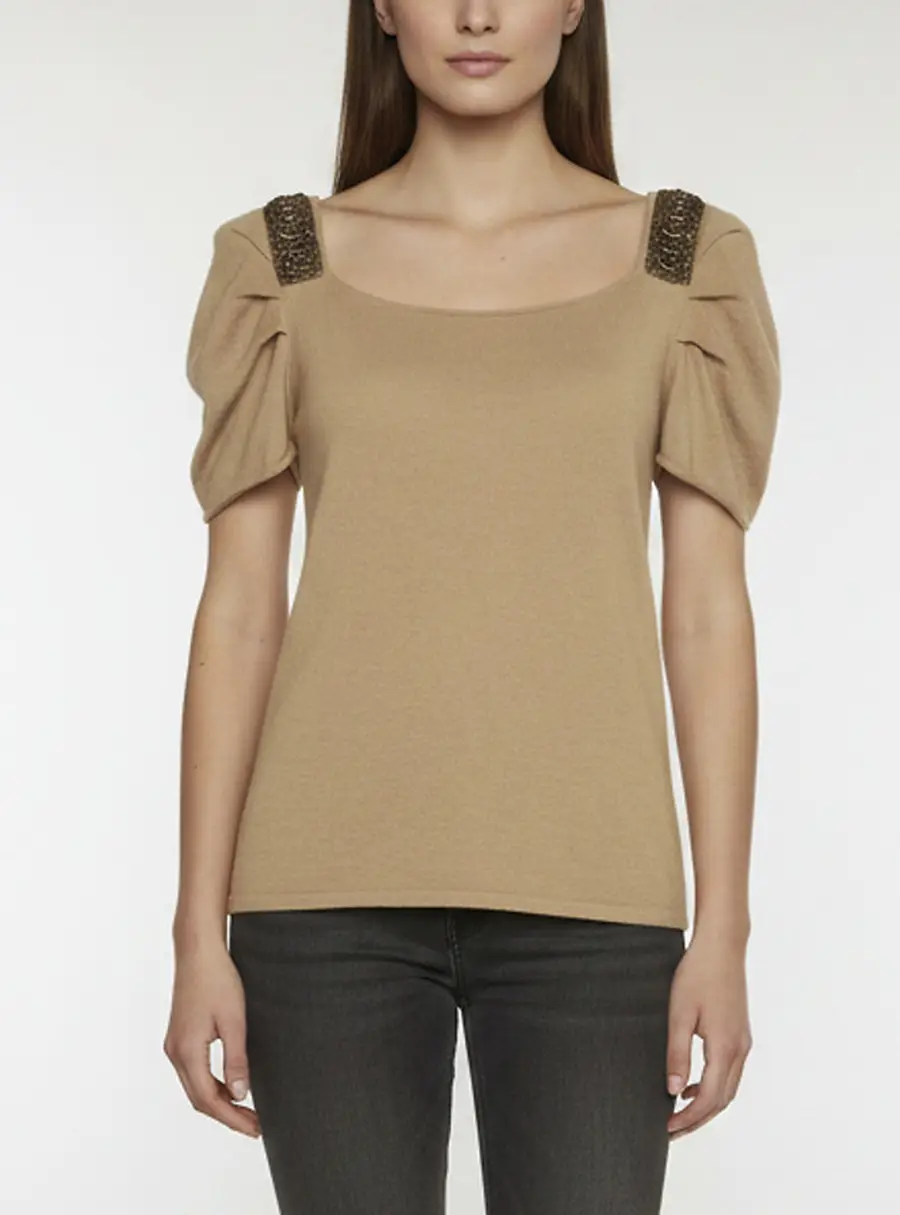 Escada Beige Cashmere Embellished Short Sleeve Top L