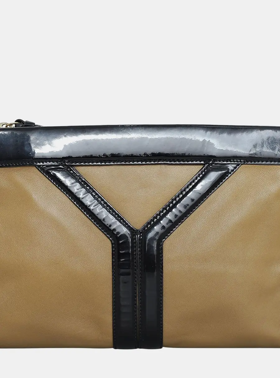 Saint Laurent YSL Clutch Medium Beige Black Leather Patent Leather Clutch Bag