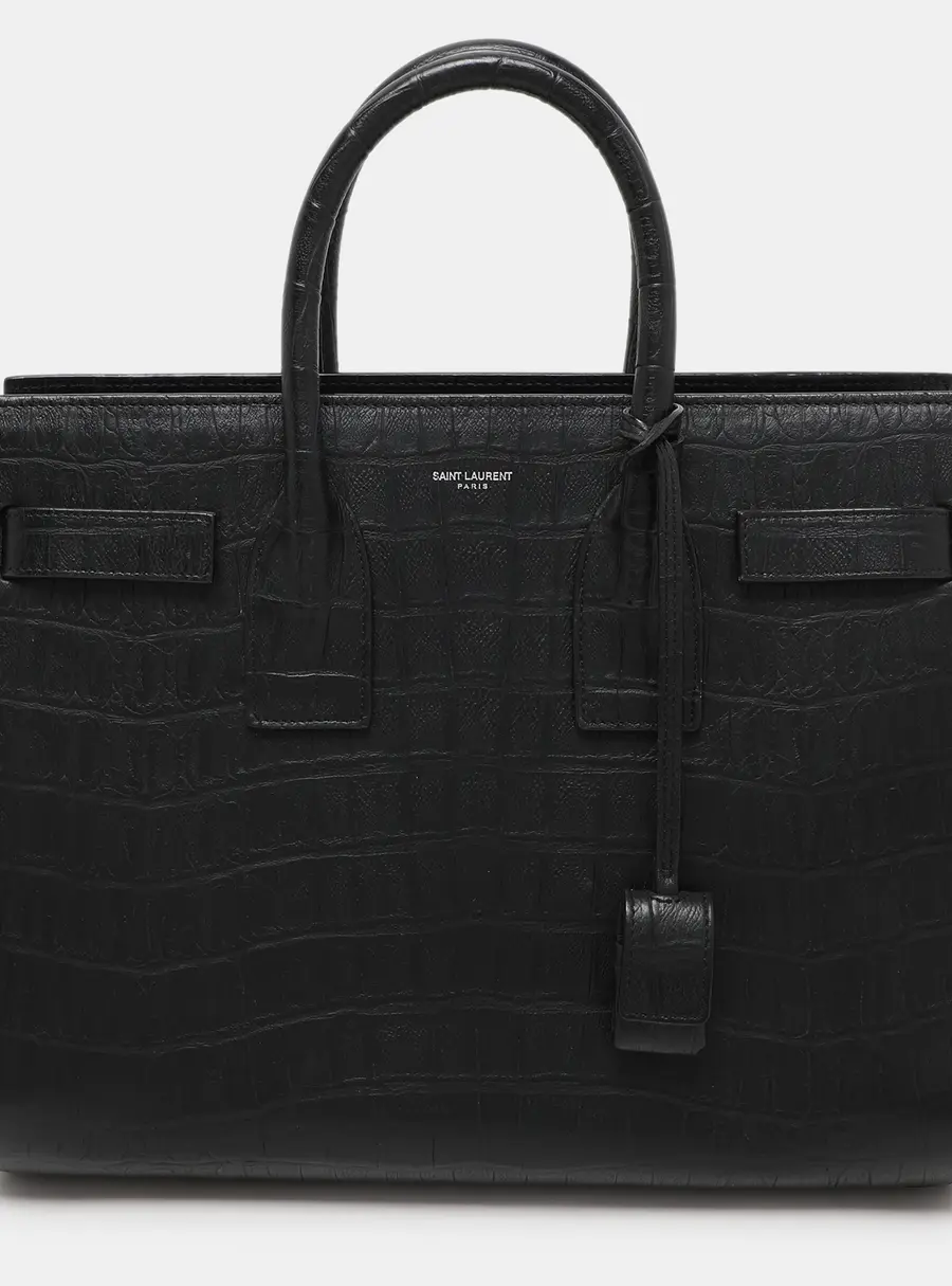 Saint Laurent Paris Classic Sac De Jour Small Black Croc Embossed Leather Tote Bag