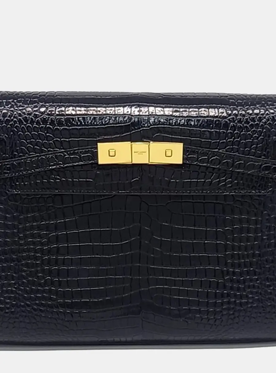 Saint Laurent Paris Black Croc Embossed Leather Manhattan Shoulder Bag