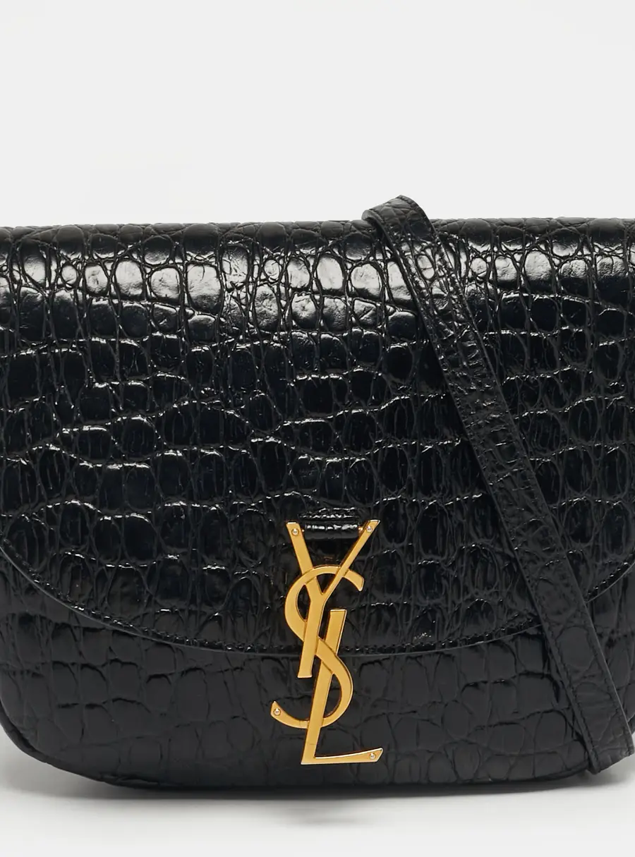 Saint Laurent Kaia Black Croc Embossed Leather Flap Shoulder Bag