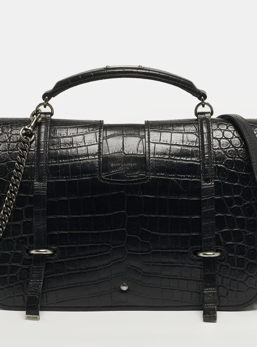 Saint Laurent Charlotte Black Croc Embossed Leather Messenger Bag