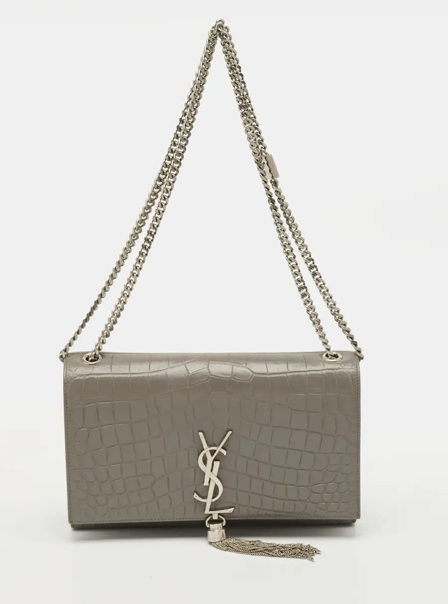 Saint Laurent Kate Tassel Medium Grey Croc Embossed Leather Shoulder Bag