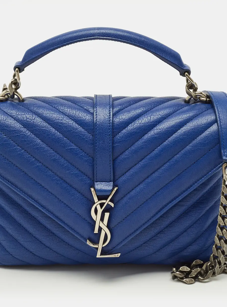 Saint Laurent College Medium Blue Matelassé Leather Top Handle Bag