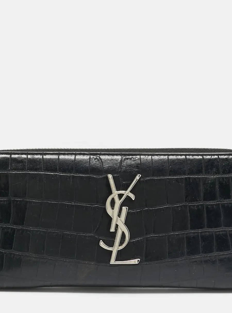 Saint Laurent Cassandre Black Croc Embossed Leather Zip Around Wallet