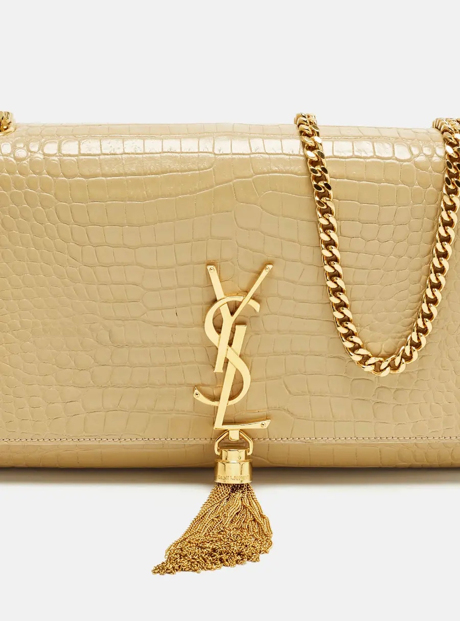 Saint Laurent Kate Tassel Medium Beige Croc Embossed Leather Shoulder Bag