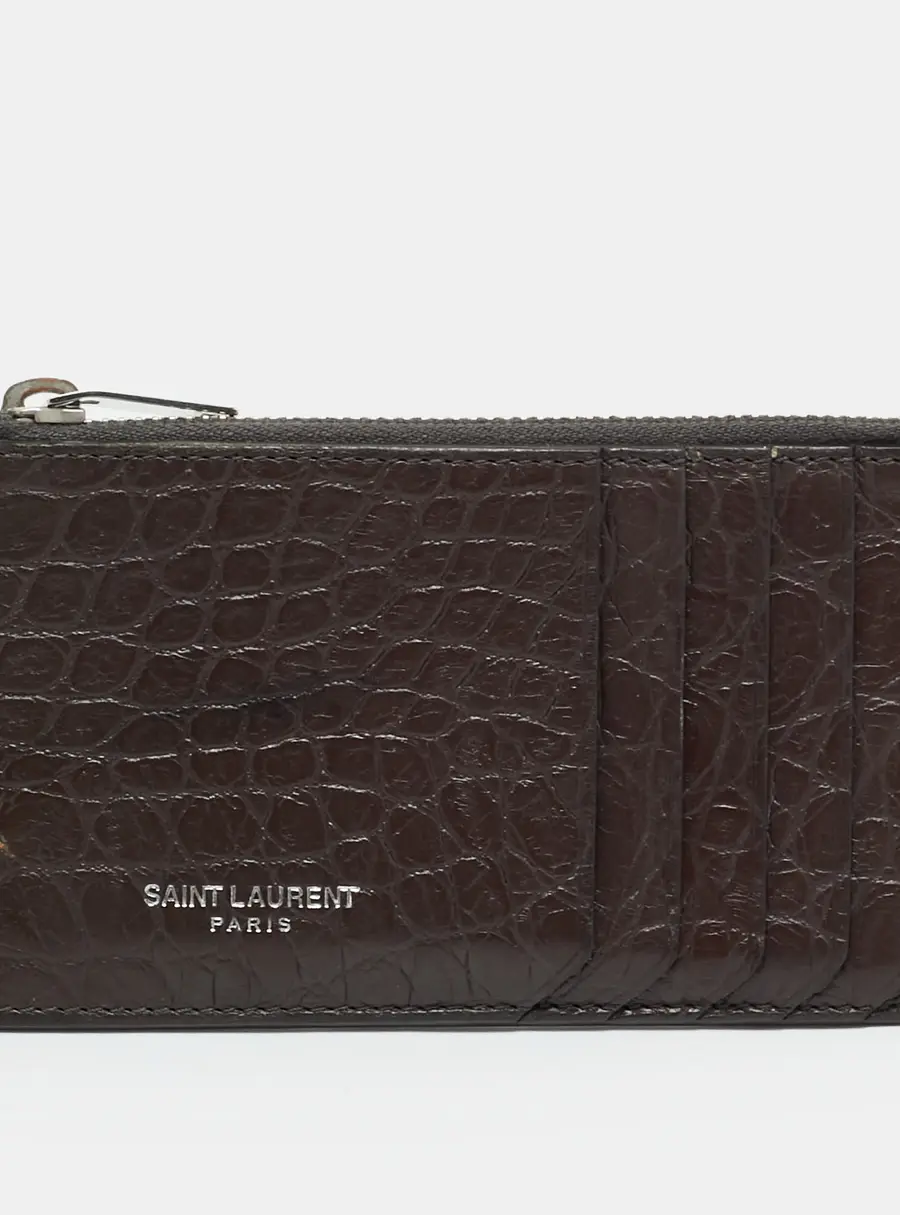 Saint Laurent Brown Croc Embossed Leather Zip Card Holder