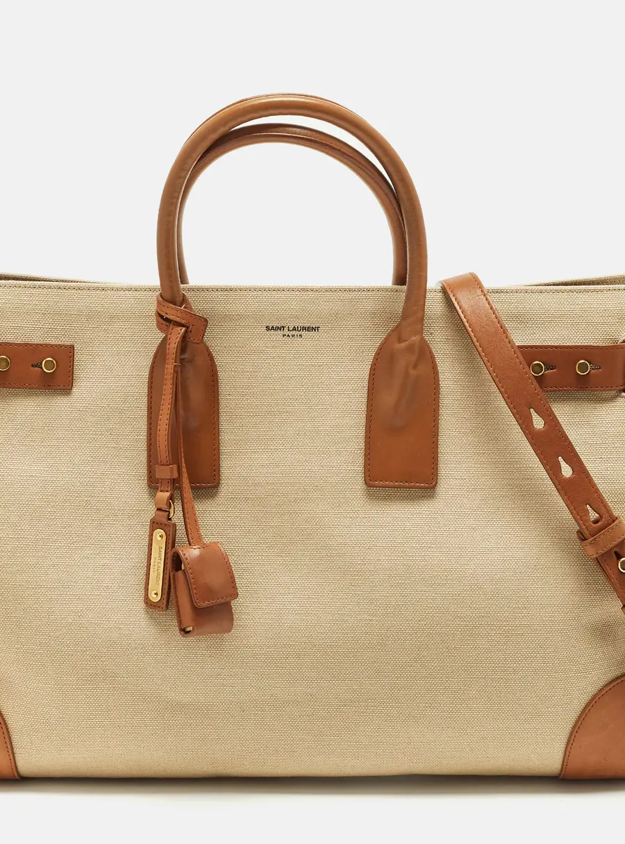 Saint Laurent Sac De Jour Thin Large Tan/Natural Canvas and Leather Tote