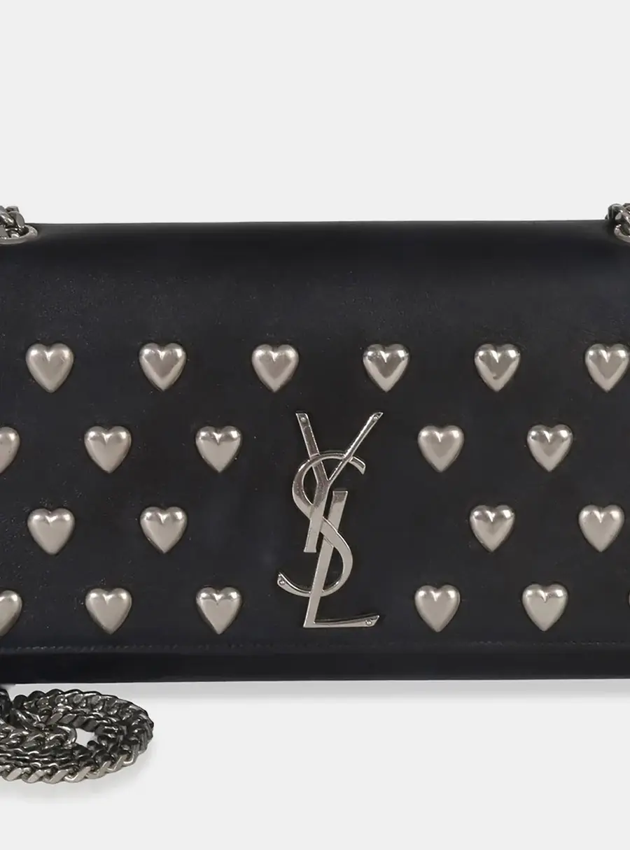 Saint Laurent Black Smooth Calfskin Studded Heart Medium Kate Chain Bag