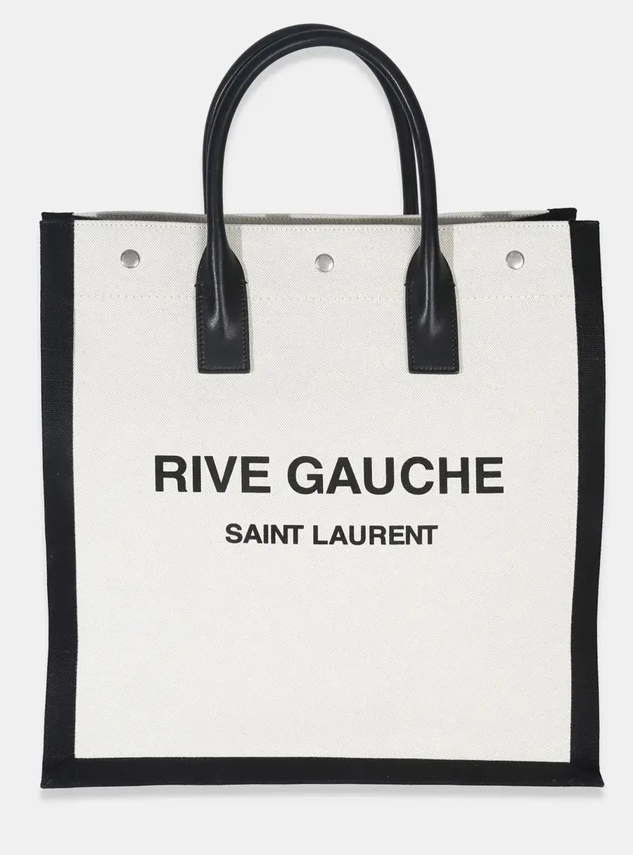 Saint Laurent Rive Gauche North South Beige Linen Black Calfskin Leather Tote Bag