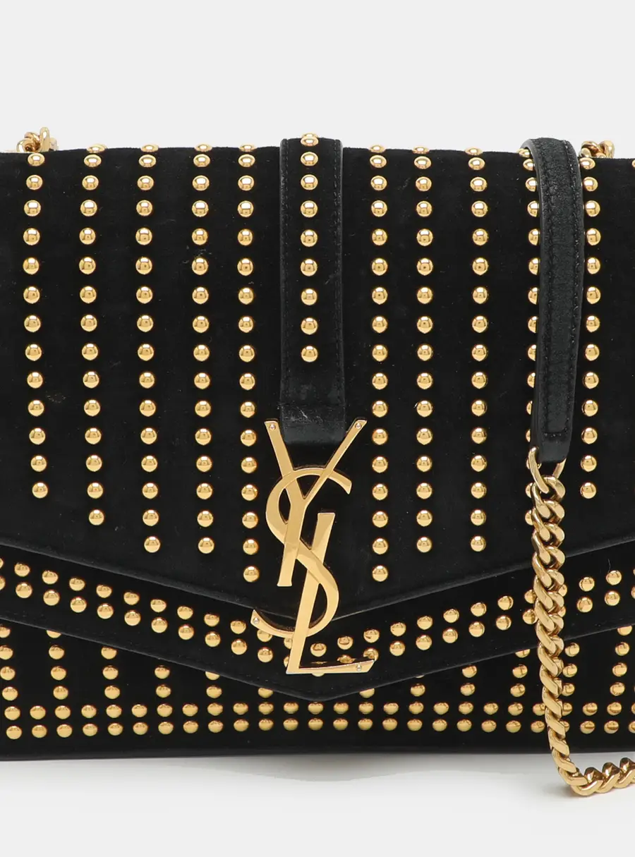 Saint Laurent Monogram Sulpice Studded Medium Black Suede Crossbody Bag