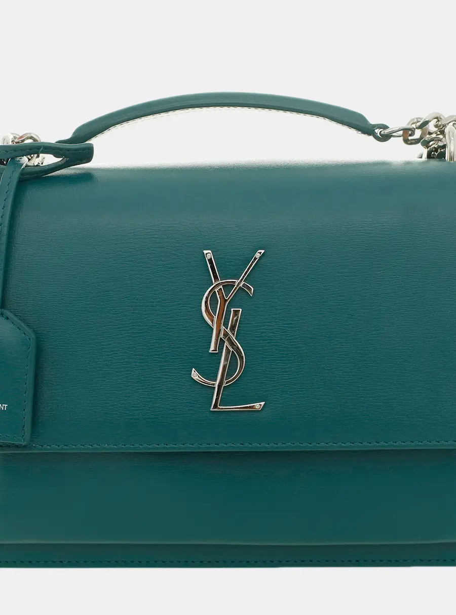 Saint Laurent Sunset Medium Petrol Blue Grained Leather Shoulder Bag
