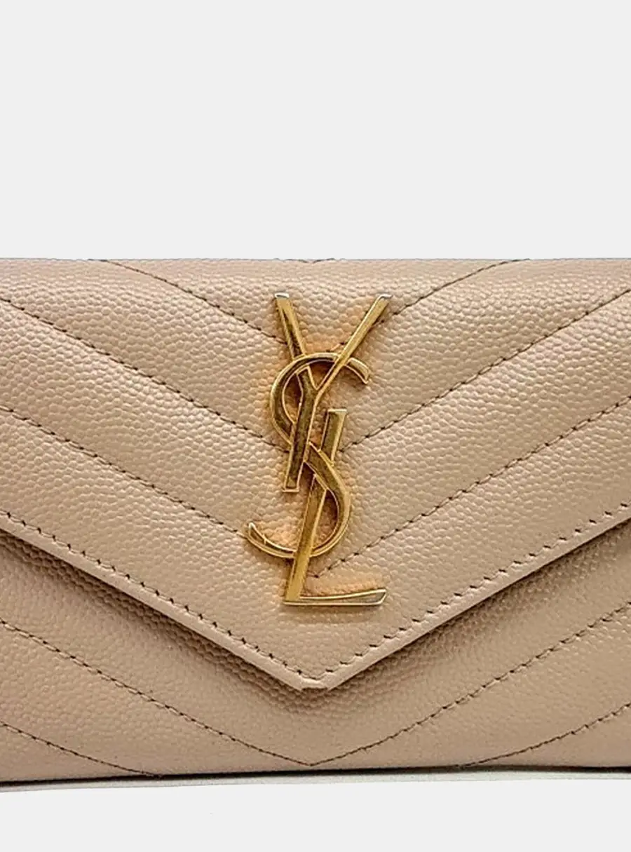 Saint Laurent Paris Monogram Small Beige Grained Leather Wallet Bag