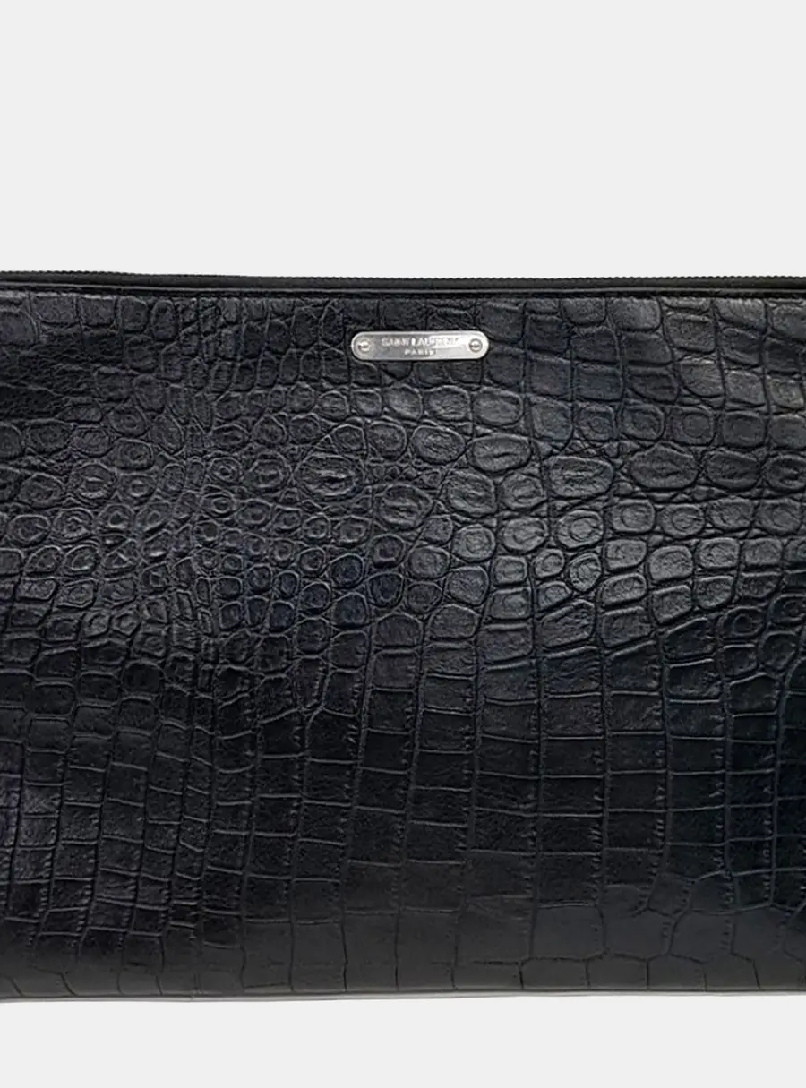 Saint Laurent Clutch Black Crocodile Embossed Leather Clutch Bag