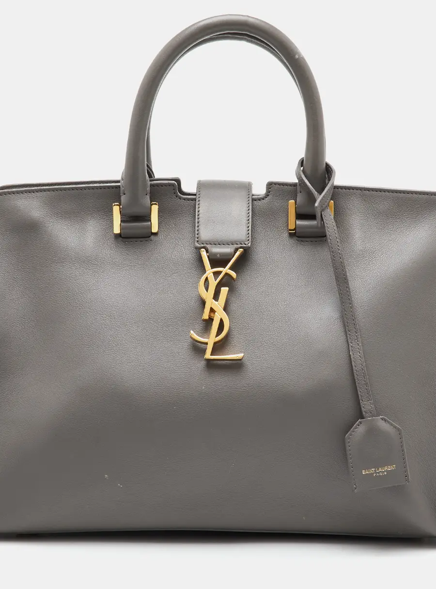 Saint Laurent Cabas Monogram Small Taupe Grey Leather Tote
