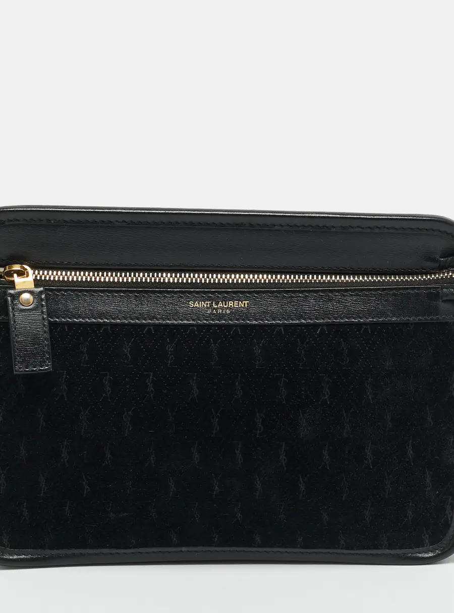 Saint Laurent Black Zip Monogram Print Suede and Leather Pouch