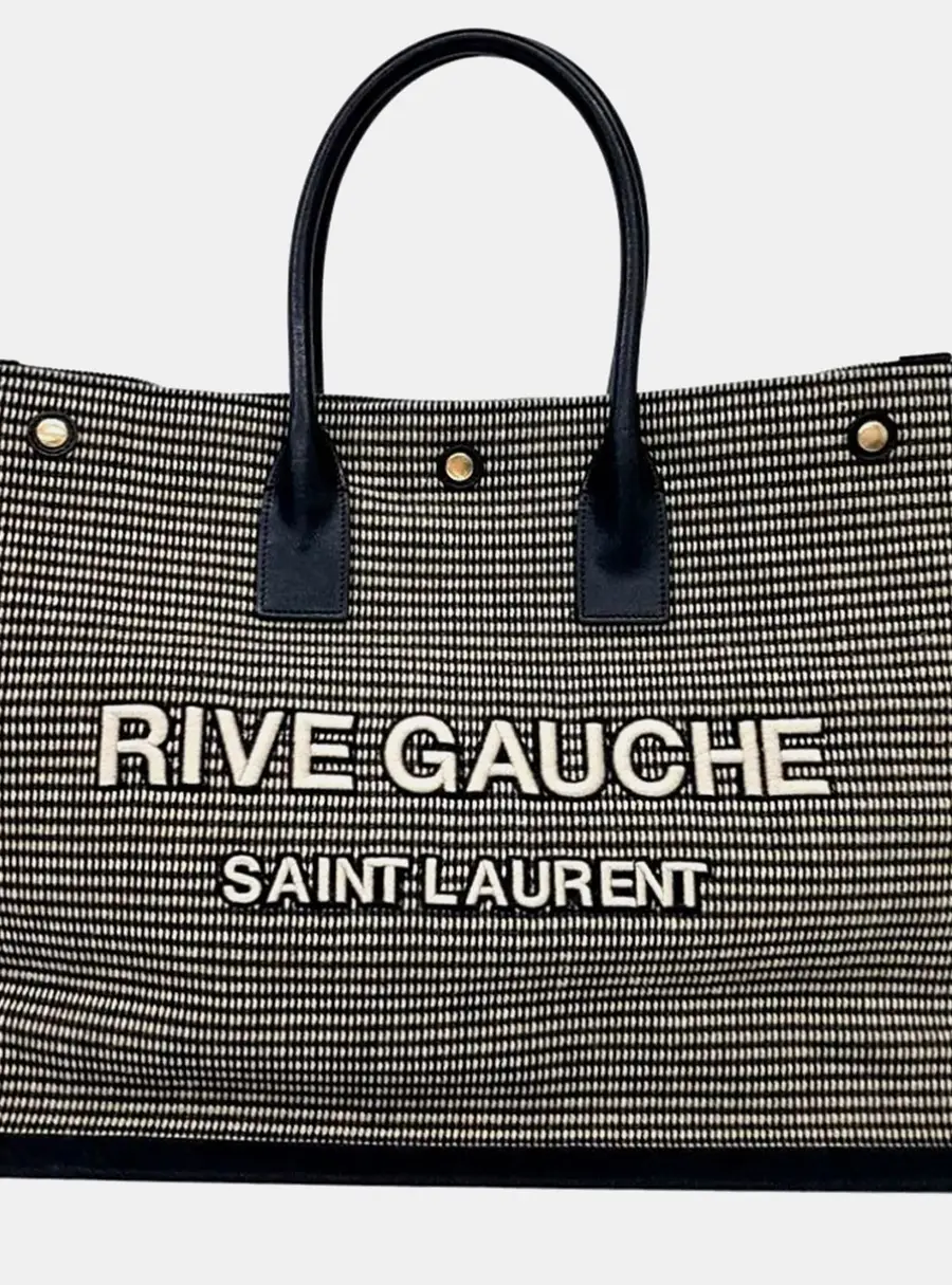 Saint Laurent Rive Gauche Beige Black Canvas Tote Bag (499290)