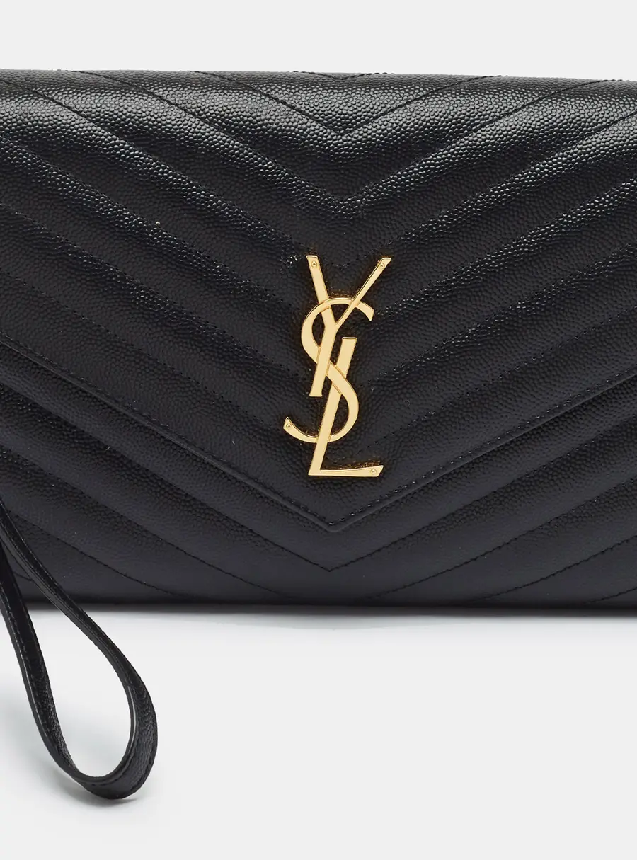 Saint Laurent Monogram Envelope Black Matelassé Leather Wristlet Pouch