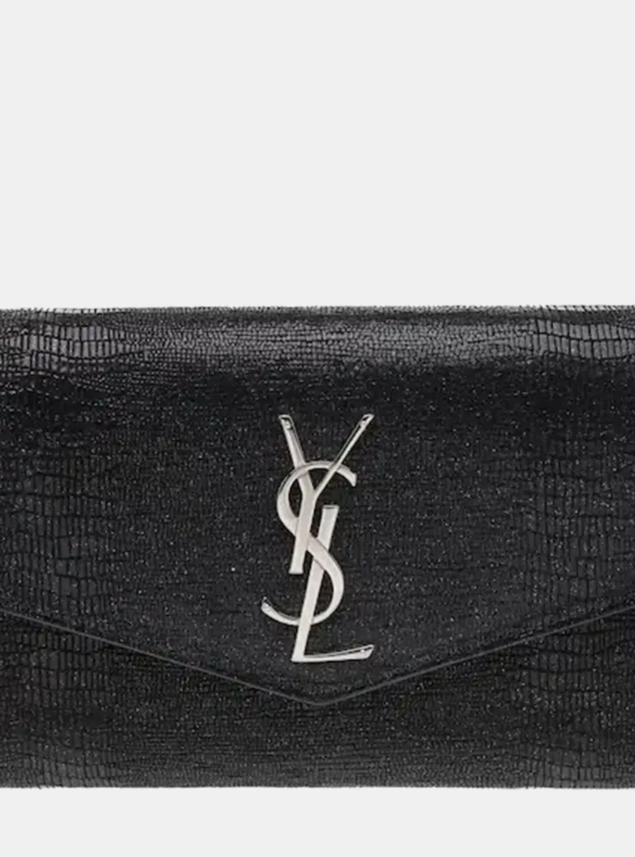 Saint Laurent Uptown Black Crocodile Embossed Shiny Leather Clutch Bag