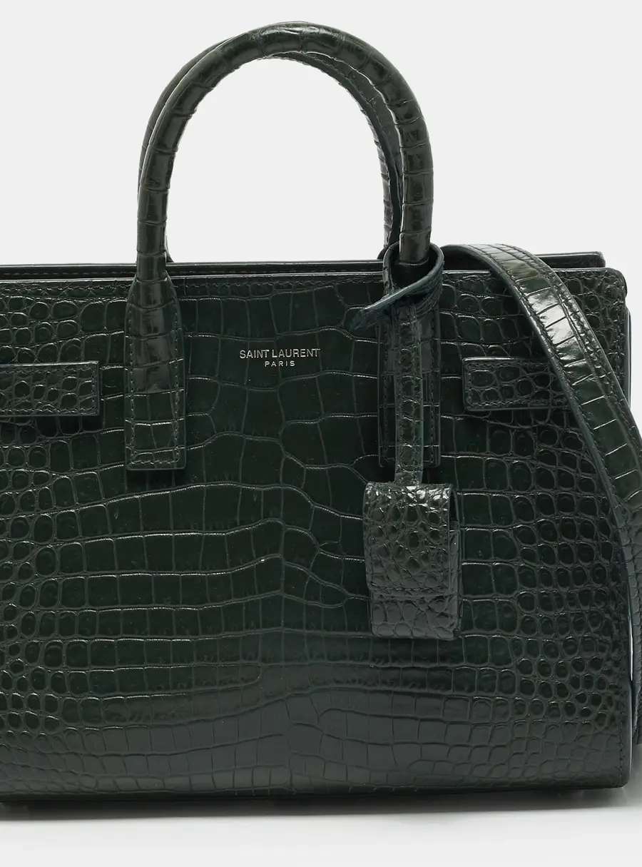 Saint Laurent Classic Sac De Jour Nano Green Croc Embossed Leather Tote