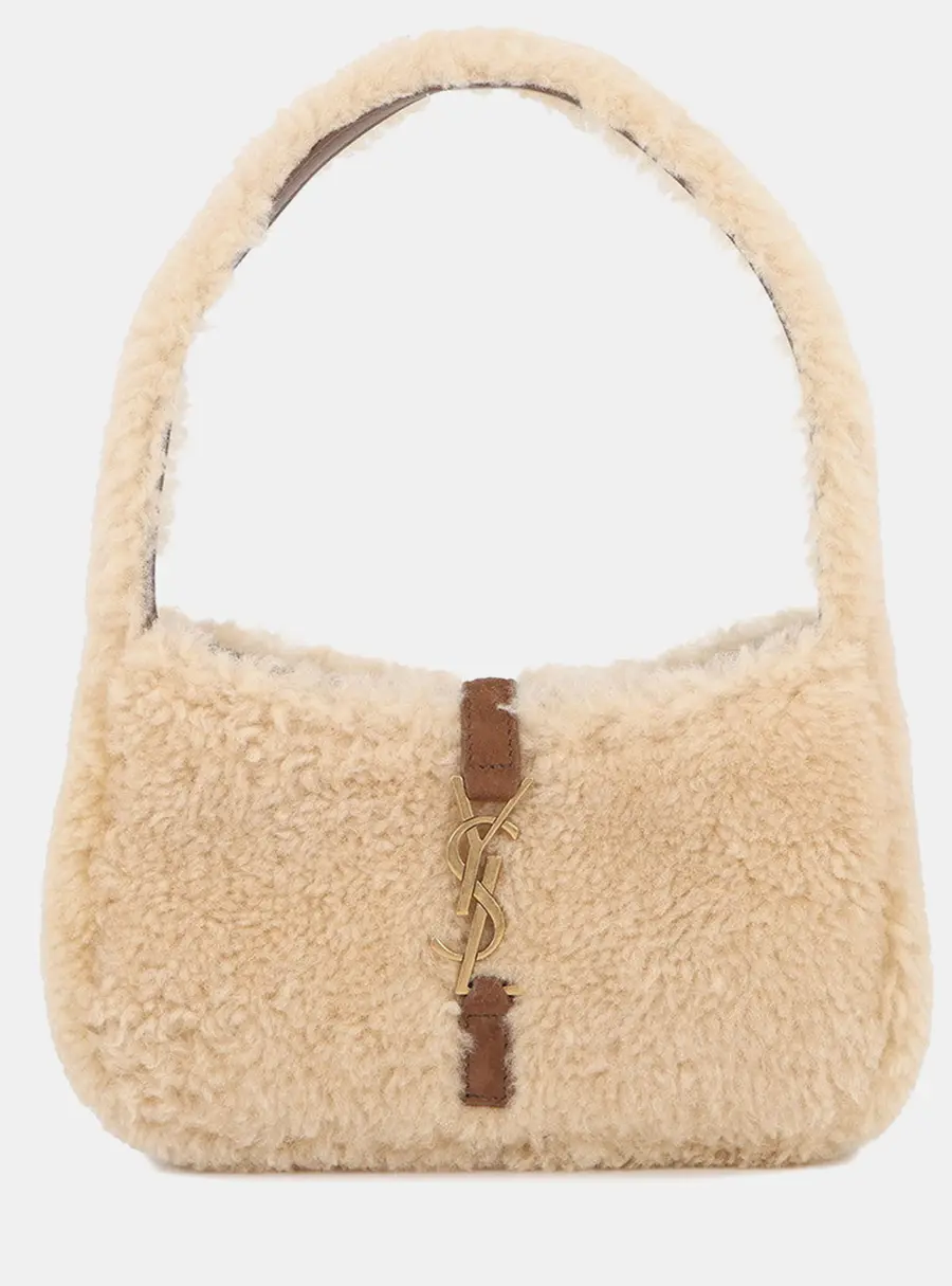 Saint Laurent Le 5 A 7 Mini Beige Shearling Sheepskin Leather Shoulder Bag