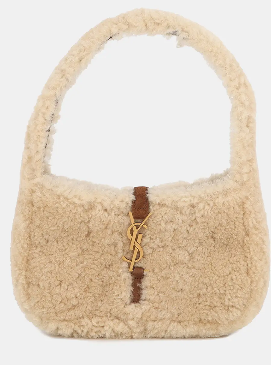 Saint Laurent Le 5 A 7 Mini Beige Brown Shearling Lambskin Leather Shoulder Bag