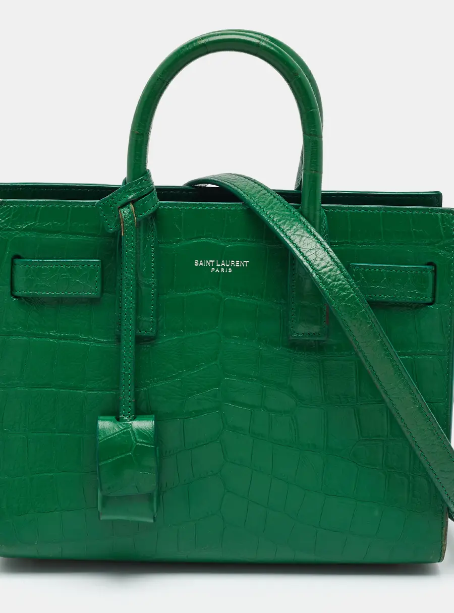 Saint Laurent Classic Sac De Jour Nano Green Croc Embossed Leather Tote