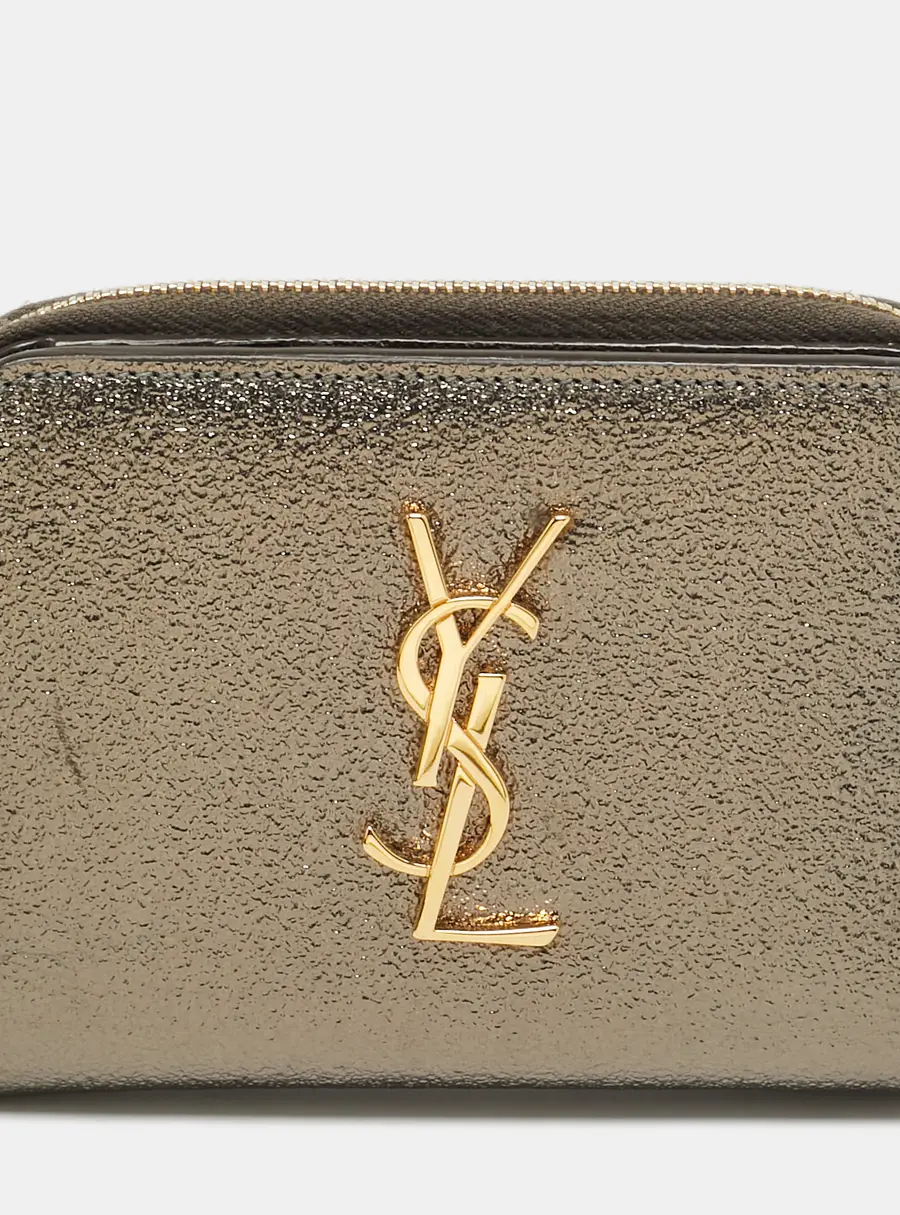 Saint Laurent Monogram Zip Metallic Crinkled Leather Compact Wallet