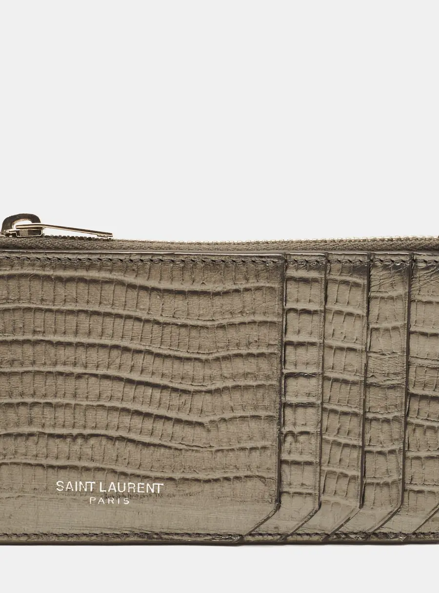 Saint Laurent Grey Lizard Embossed Leather Zip Card Holder