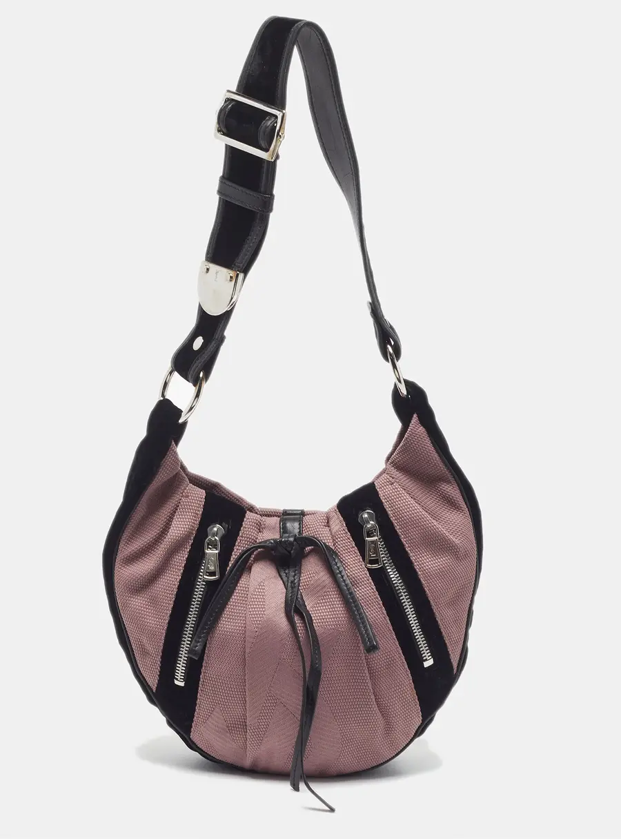 Saint Laurent Rive Gauche Black/Pink Logo Jacquard and Velvet Hobo